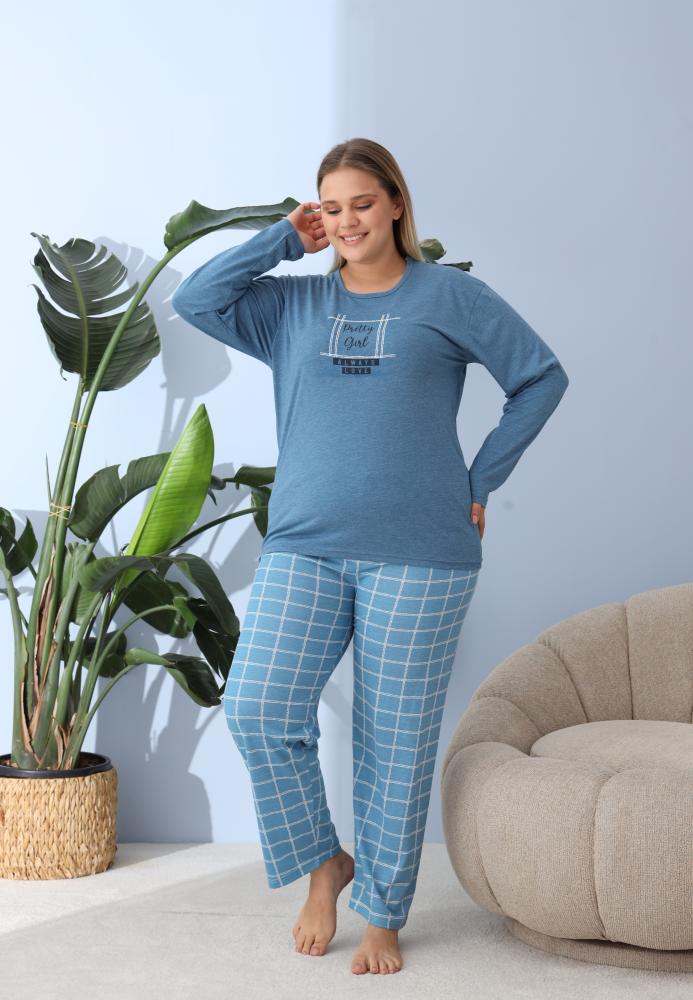 Pijama Dama ,Big Size ,'Prety Gyrl" cu Pantloni si Maneca lunga, Culoare Albastru,Engros